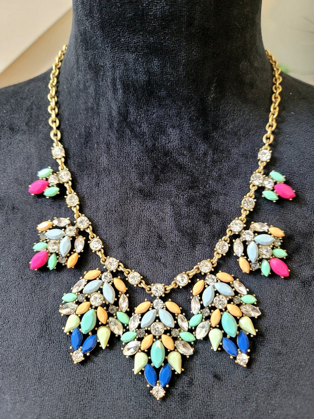 J Crew Multicolor Rhinestone Statement Necklace Floral Bib Gold Tone Glam